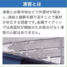 凍害とは寒冷地などで外壁材が吸水し、凍結と融解を繰り返すことで機材が劣化する現象です。