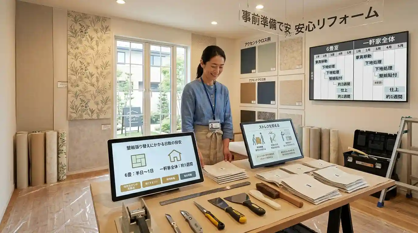 壁紙張り替えにかかる日数は？6畳・一軒家の目安と住みながら工事する注意点